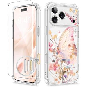 GVIEWIN for iPhone 17 Pro Max Case Compatible with MagSafe, with Screen Protector Upgraded [Full Camera Protection] [Non Yellowing] Floral Slim Shockproof Clear Women Phone Cover (Magic Butterfly)