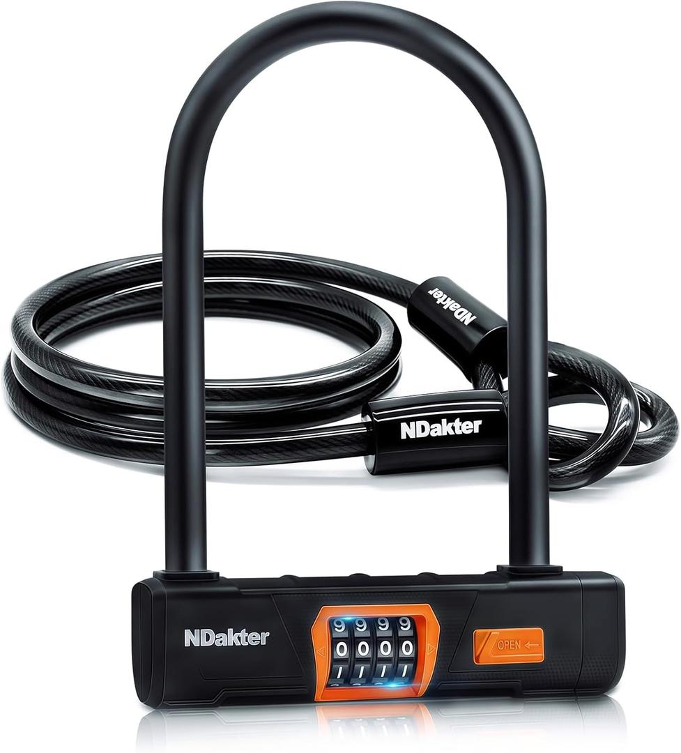 NDakter Bike Locks Heavy Duty Anti Theft, Combo Bike U Lock, 4-Digit Resettable Combination Bicycle Lock, Large U Shaped Ebike Lock with 5Ft Steel Cable for Electric Bike, Escooter, Motorcycle, Door