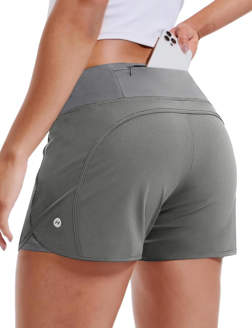 MIER Women's 2 in 1 Running Shorts Athletic High Waisted Workout Tennis Gym Shorts with Liner Zipper Pocket 3" (Light Grey, Small)