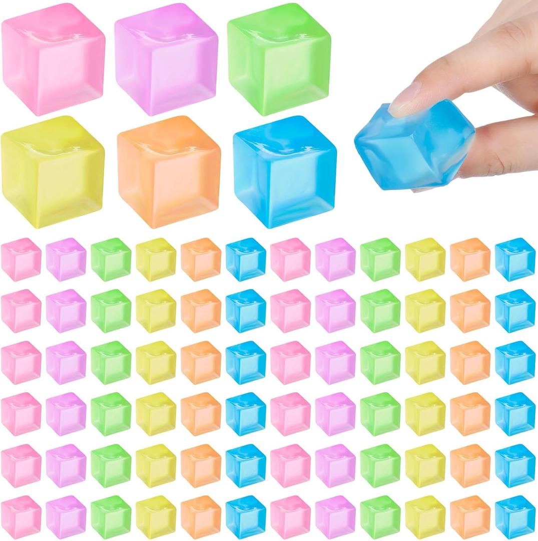 Simgoing 72 Pcs Mini Ice Cube Stress Balls Fidget Toys Bulk Squeeze Square Ball Sensory Toys Stress Relief Ice Cube for Small Prize Birthday Party Favor Bags Box Filling, 6 Colors