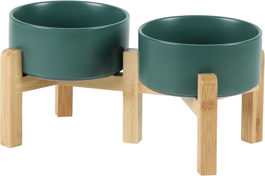 Havniva 6.1 Dog Bowls Elevated Ceramic Dog Food and Water Bowl Set, Double Raised Dog Water Bowl with Stand Non-Slip Rubber Base Two Heights Large Capacity Pet Food Bowl for Small & Medium Dogs (Matte Dark Green - 2 Bowls+Stand)