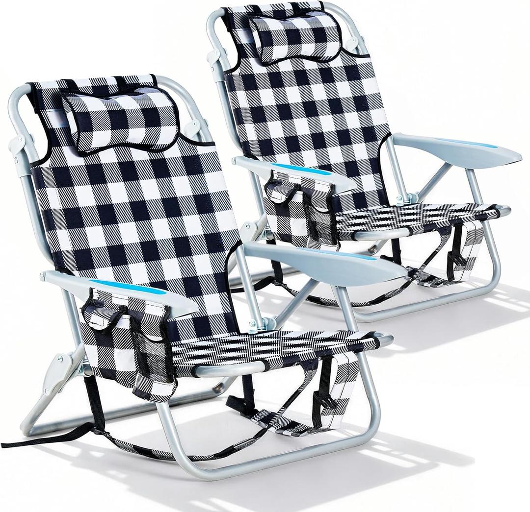 2 Pack Lightweight Portable Camping Beach Chair for Adults, Outdoor Lay Flat Folding Beach Chairs with 5 Positions, Backpack Beach Chair with Towel Bar, Zipper Pouch, Cup Holder, Plaid