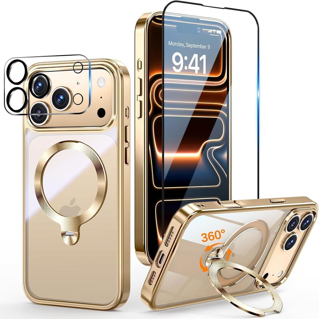 IPhone 17 Pro Max Case with 360 Spin Stand Compatible with MagSafe [Magnetic CD Ring][Screen & Camera Lens Protector] Shockproof Plating Never-Yellowing, Gold-6.9"
