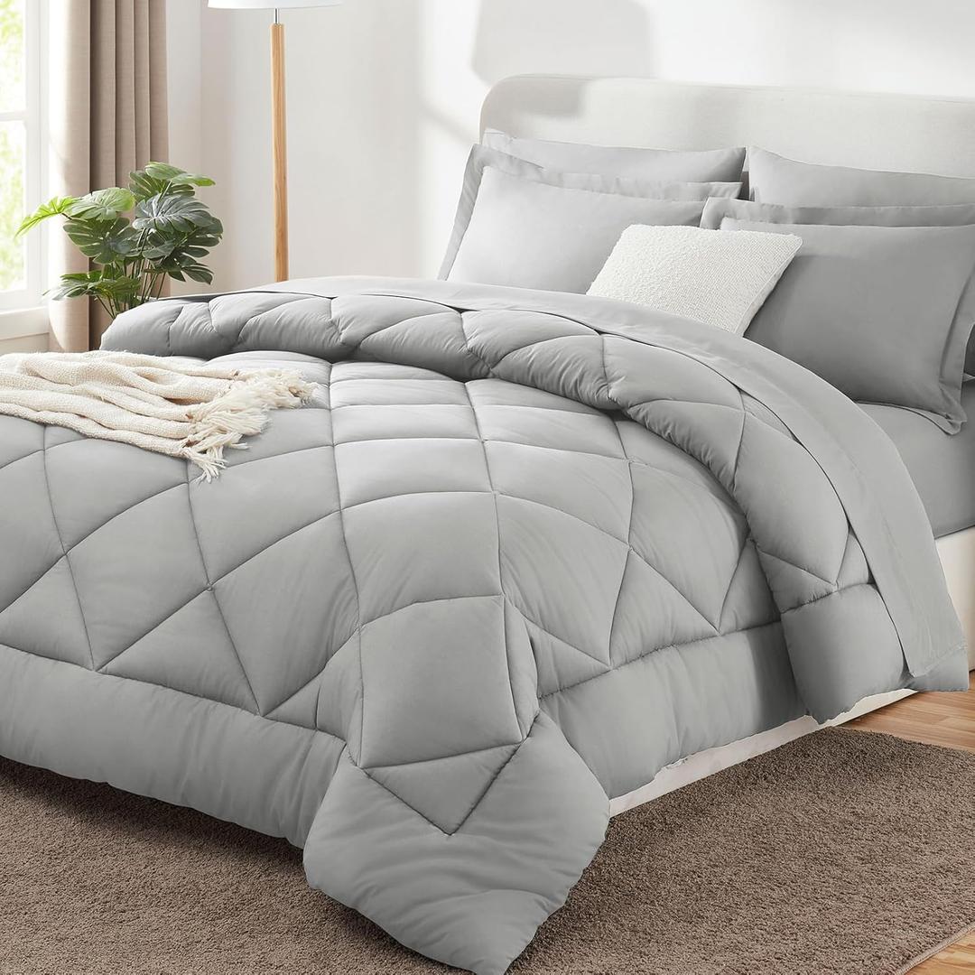 CozyLux Full Size Comforter Sets Light Grey - 7 Pieces Bed in a Bag Full, Luxury Soft Bed Set for All Seasons, Bedding Set with Down Alternative Comforter, Sheets, Pillowcases & Shams