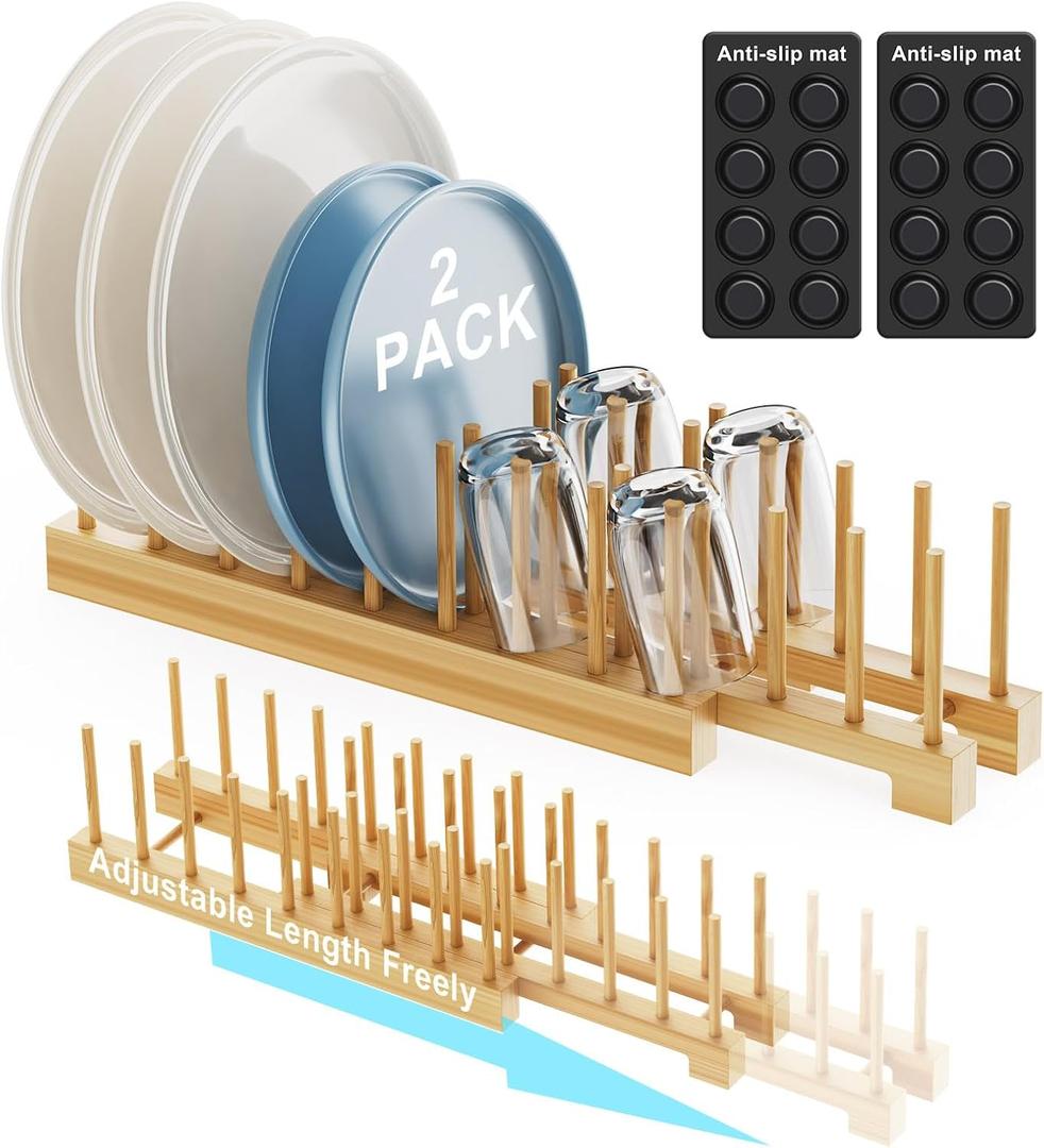 Bamboo Dish Rack - Expandable Plate Rack & Dish Drying Rack for Kitchen Cabinet Storage, Adjustable Multi-Functional Design Organizer for Plates, Cups, Pots, Cutting Boards (Natural Bamboo) 2 PACK, Large