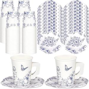 Tioncy 100 Pcs Tea Party Decorations Include 50 Pieces 9 oz Paper Tea Cups with Handle and 50 Plates Disposable Teacups and Saucers Sets for Birthday(Blue and White Floral)
