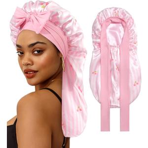 AWAYTR Long Hair Bonnet for Women - Reversible Double Layer Satin Silk Bonnet for Sleeping with Tie Band