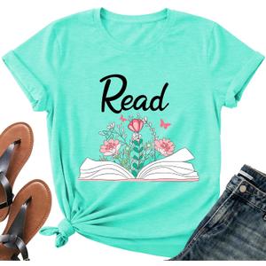 Read Book Shirt for Women-Reading Teacher Tee Tops Pink Flower and Butterfly Short Sleeve Cute Book Shirt (M)