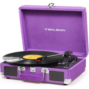 Velvet Vinyl Record Player - 33 45 78 RPM Portable Suitcase Vintage Turntable with USB Recording, Bluetooth, Built-in Speakers, Belt-Driven, Purple