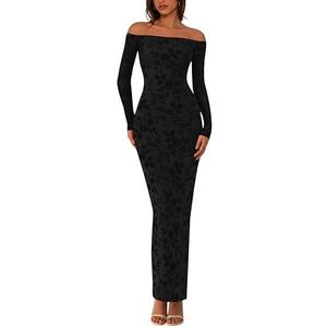 PRETTYGARDEN Womens Off The Shoulder Floral Maxi Bodycon Dress Fall Long Sleeve Mesh Fitted Long Formal Wedding Guest Dresses Small, Black 