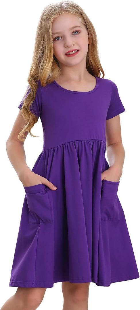 Stelle Girls Short Sleeve Dress Summer Kids Toddler Skater Twirl A Line Solid Color T-Shirt Dress for School Casual, 3T, A19-purple (With Pocket)