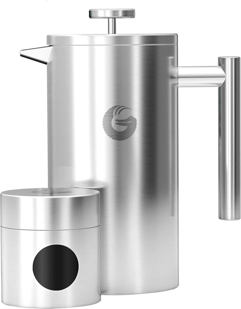 Coffee Gator French Press Coffee Maker 34oz, Double Insulated Stainless Steel Brewer plus Travel Jar Canister, Portable Hot Cold Brew for Coffee Bar Accessories Kitchen Camping, Silver