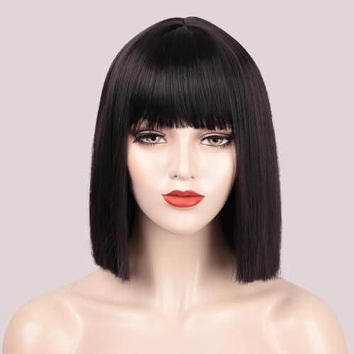ENTRANCED STYLES Black Bob Wig with Bangs, Short Black Wig for Women Straight Bob Wigs Heat Resistant Synthetic wig Mia Wallace Cleopatra Cospaly Daily Party Use 12”