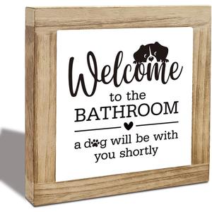 3 x Funny Dog Bathroom Decor - Rustic Wooden Box Sign for Bathroom Shelf, Vintage Decorative Accessory, Freestanding Tabletop Restroom Sign, Welcome to the Bathroom A Dog Will Be with You Shortly (Style 01)