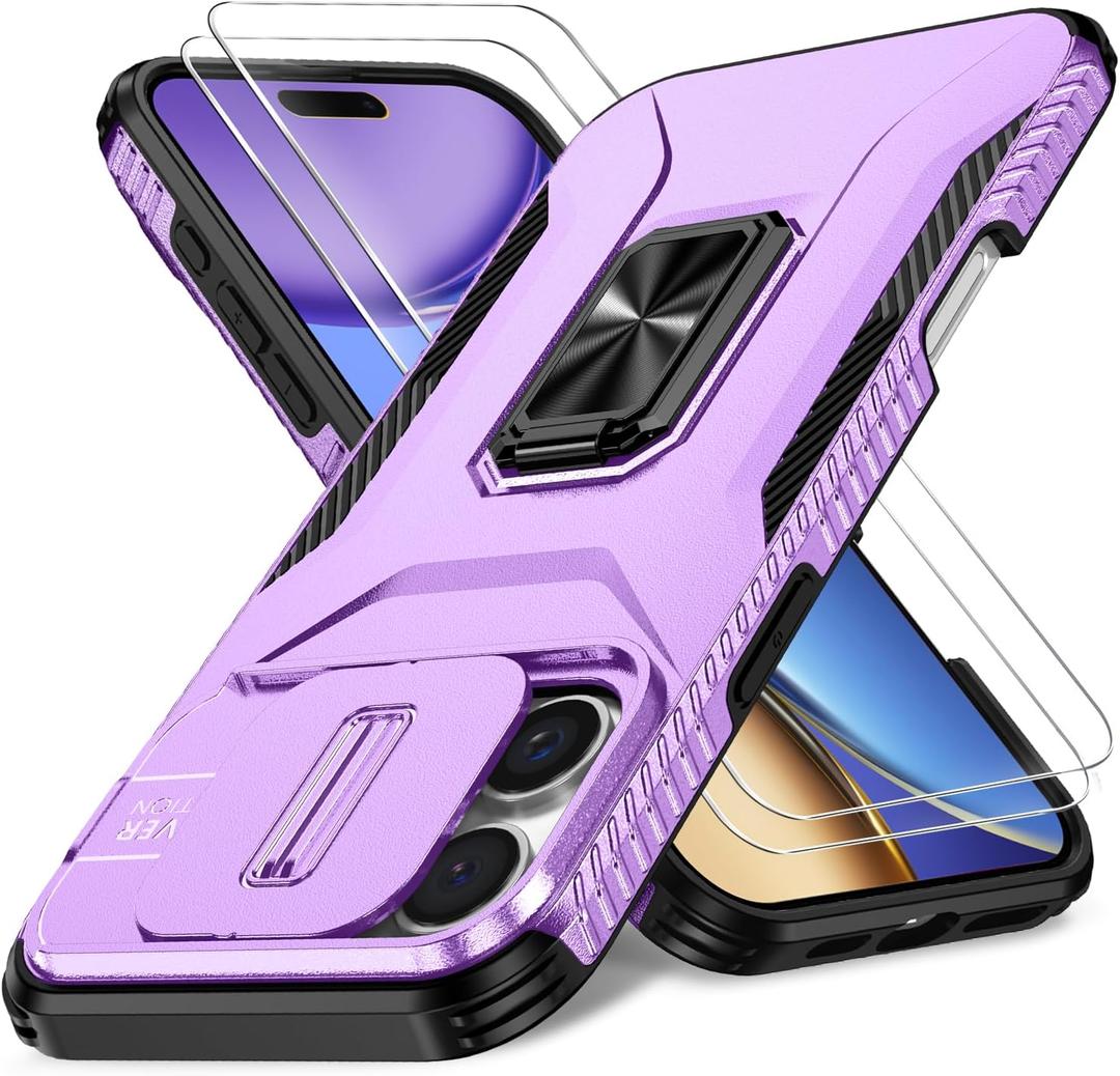 Case for iPhone 16 Pro with Slide Camera Cover+Screen Protector(2 Packs), Military Grade Shockproof Protective Cover, Rotated Ring Kickstand(A - Violet)