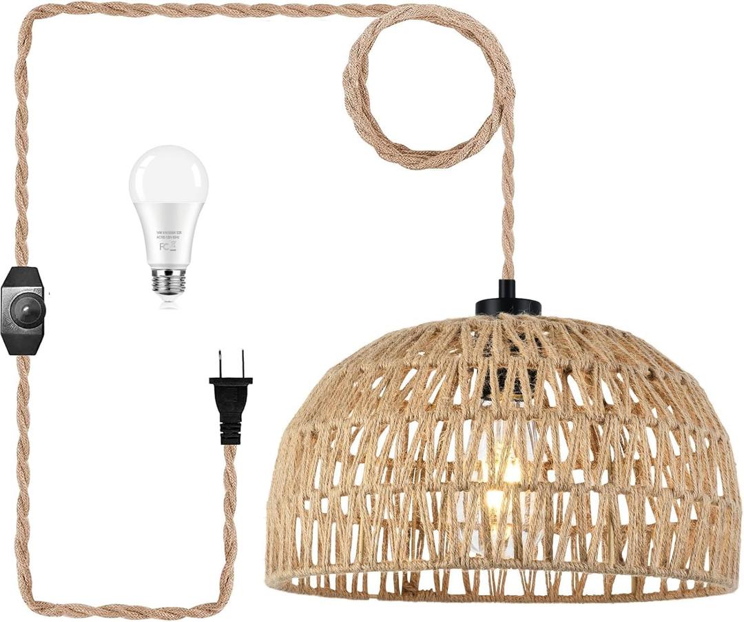 Plug In Pendant Light Hanging Lights With Plug In Cord Dimmable Rattan Hanging Lamp Wicker Woven Basket Lampshade Farmhouse Industrial Boho Plug In Ceiling Light Fixture For Living Room Kitchen