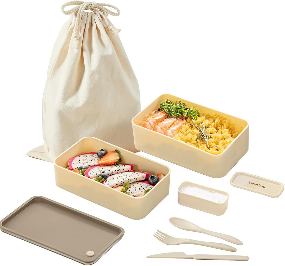 YBOBK HOME Bento Box Adult Lunch Box Stackable Bento Lunch Boxes Portable Japanese Food Containers Leak-Proof Lunchbox with Bag Microwave Dishwasher Safe (Beige, 2pc-Beige)
