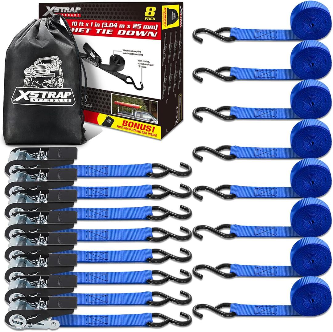 XSTRAP STANDARD Ratchet Tie Down Straps 8PK 1'' x 10 ft - 900 LB Break Strength Cargo Straps for Moving Appliances, Lawn Equipment, Motorcycle (Blue)