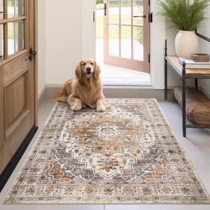 Madane Area Rug 3x5, Washable Vintage Entryway Rugs for Bedroom Non Slip Indoor Kitchen Runner for Living Room Laundry Room Playroom Soft Non-Slip Floor Carpets, Turmeric/Grey