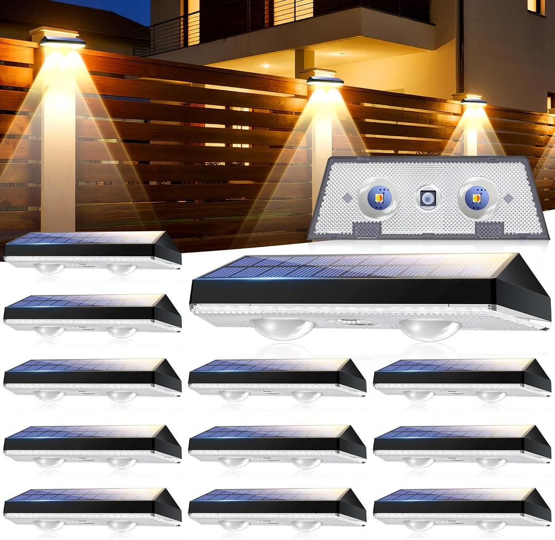 Solar Fence Lights Outdoor, Solar Wall Lights, 12 Pack | lP65 Weatherproof, 3 Lighting Modes, 500mAh Battery, for Garden, Yard, Balcony