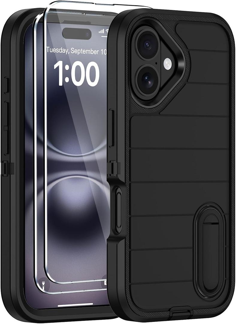 for iPhone 16 Plus Case with Screen Protector,Built-in Invisible Kickstand,Heavy Duty Shockproof Drop Protection Military Grade Tri-Layer Rugged Durable Cell Phone Cover for Apple 16 Plus 6.7" (Black