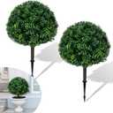 27.6''H Artificial Boxwood Ball Tree 2 Pack, UV Resistance Rated with Spike, Easy to Install, Fake Outdoor Plant for Front Door Decor, Home Decor, Garden, Wedding Decor (Dark Green)