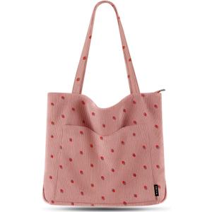 Prite Corduroy Tote Bag for Women Large Shoulder Bag with Zipper and Pockets for College Work Travel Shopping (Strawberry Pink)