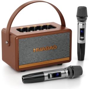 Retro Karaoke Machine with 2 Rechargeable Microphones, Wireless Loud Bass Bluetooth Speaker for Adults, Support USB/TF/AUX/RCA, Portable PA System for Home Party, Vintage Decor, Gift (Brown)