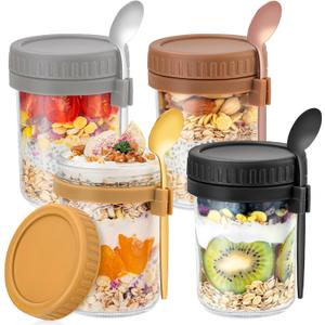 DRKIO 4 Pack Overnight Oats Containers with Lids and Spoons 16 Oz Glass Mason Jars for Overnight Oats Jars Leak Proof Oatmeal Container Great for Cereal Fruit Vegetable Milk Salad Yogurt Meal Prep (Deep Colors)