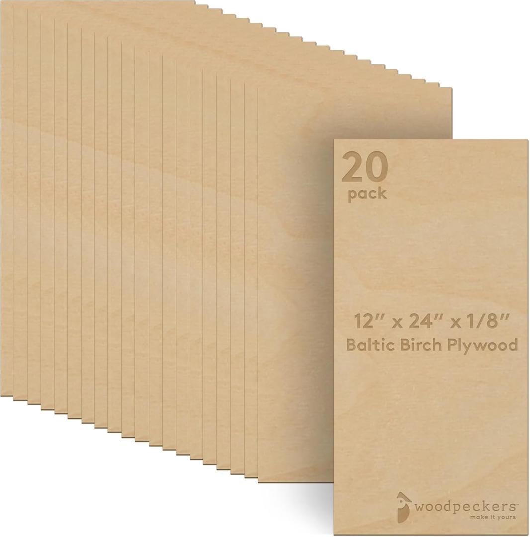 3 mm Baltic Birch Plywood 1/8 x 12 x 24 Inch, Box of 20 B/BB Grade Craft Wood, Stronger Than Basswood Sheets, for Laser, CNC Cutting and Wood Burning, by Woodpeckers