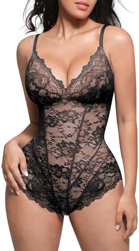 SHAPELLX Lace Bodysuit for Women V Neck Tummy Control Shapewear Thong Body Shaper Body Suit 3XL