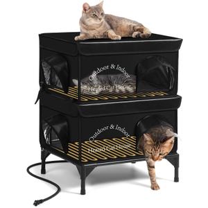 2 Story Heated Cat House for Outside, 100% Waterproof, Safe Escape Door, Elevated Base, Weatherproof Insulated Shelter for Stray Feral Barn Cat