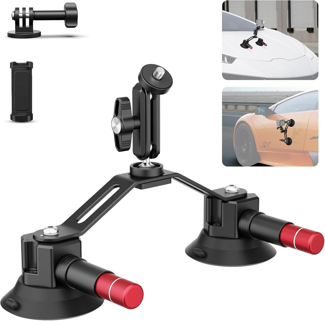 NEEWER Dual Suction Cup Car Mount Kit with 360 Ball Head Magic Arm, Quick Release Air Pump Vacuum Camera Mount with Phone Holder & Action Camera Adapter Compatible with GoPro Insta360 DJI OSMO, CA066
