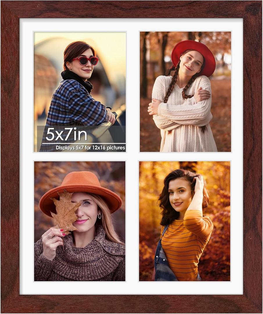 12x16 Picture Frame 5x7 Collage Picture Frame Displays Four 5x7 inch Photos or 12x16 (Without Mat) for Available Horizontal Wall Mounting Display and Vertical Redwood