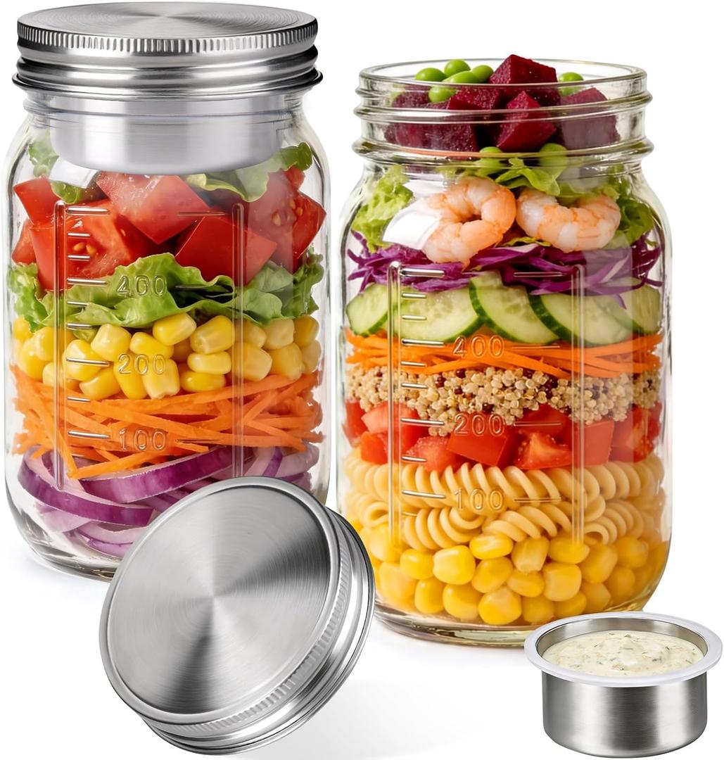 Palksky 32oz Salad Jars with Dressing Cup, 2 Pack Glass Salad Pod Mason Jar, Leak-Proof Stainless Steel Lid, On-the-Go Fresh Food Jar for Lunch & Weekly Prep