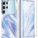 GVIEWIN for Samsung Galaxy S24 Ultra Case with Slide Camera Cover+Screen Protector, [Military Grade Shockproof] Marble Protective Slim & Tough Phone Case for S24 Ultra 6.8"(Aurora/ Azure Blue)