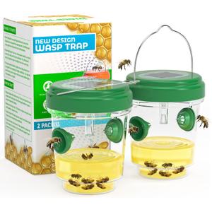 2 Pack Wasp Traps Outdoor Hanging, Solar Powered Carpenter Bee Traps for Outside with Rubber Whiskers and LED Light, Yellow Jacket Trap for Orchard, Farm, Garden, Patio, Yard