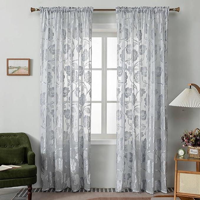 Room Curtains, House Curtains with Flowers Pattern Silver Grey Curtains Modern Polyester 2 Panel