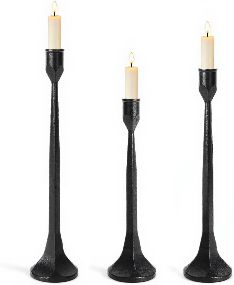 Vintage Cast Iron Black Taper Candle Holders Set of 3 Antique Decorative Candlestick Holder for Wedding Dining Table Party Rustic Home Decor, Black