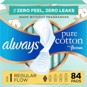 Always Pure Cotton Feminine Pads for Women, FlexFoam Pads with Wings, Size 1, Regular Absorbency, Unscented, 84 Count (3 Packs of 28)