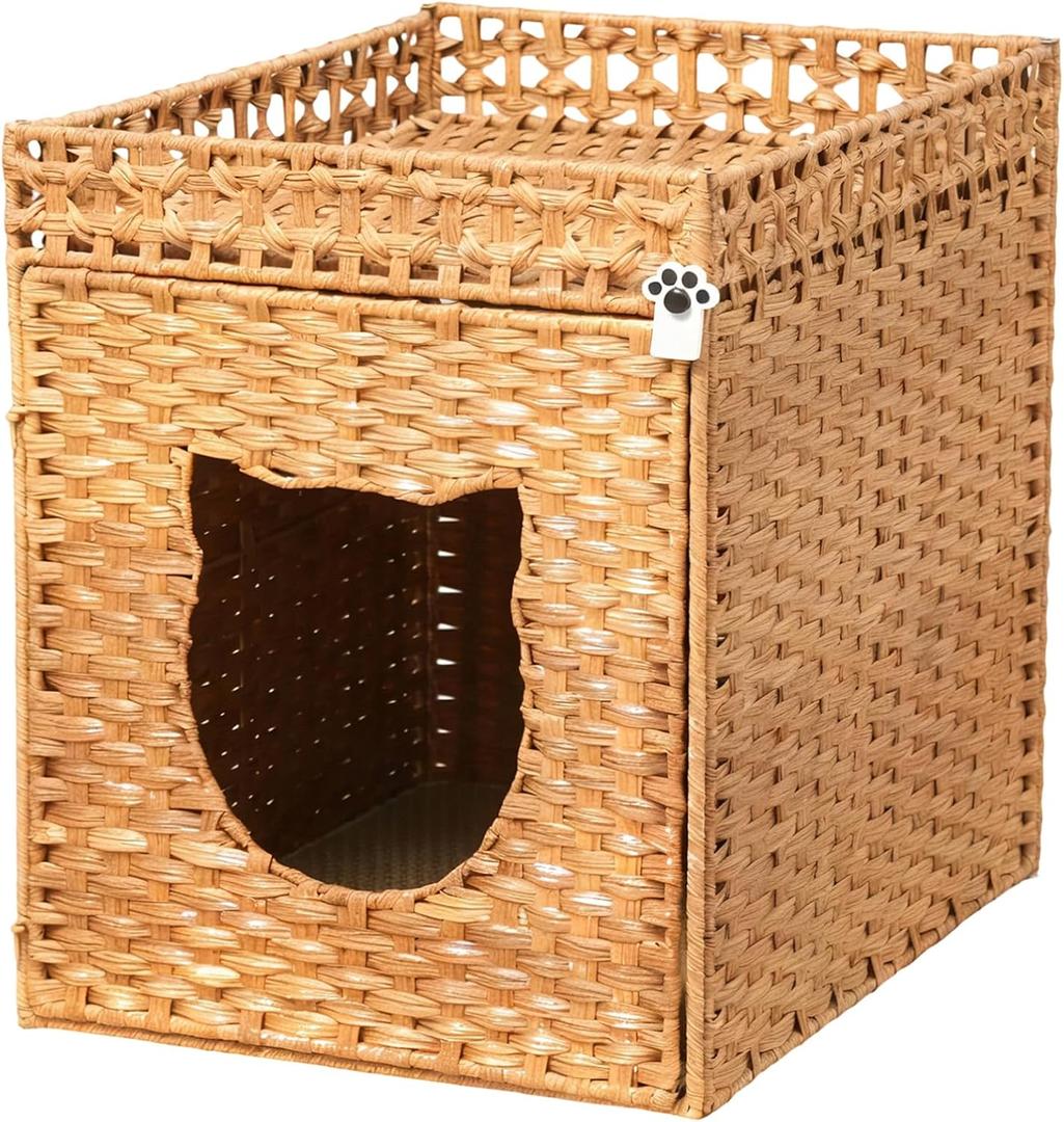 Handwoven Rattan Cat Litter Box Enclosure for Large Litter Box, Includes 1 Litter Mat & 2 S-Hook Attachments, Furniture-Grade Hidden House for Living Room, Bedroom, 24.6"x24"x19.88", Natural