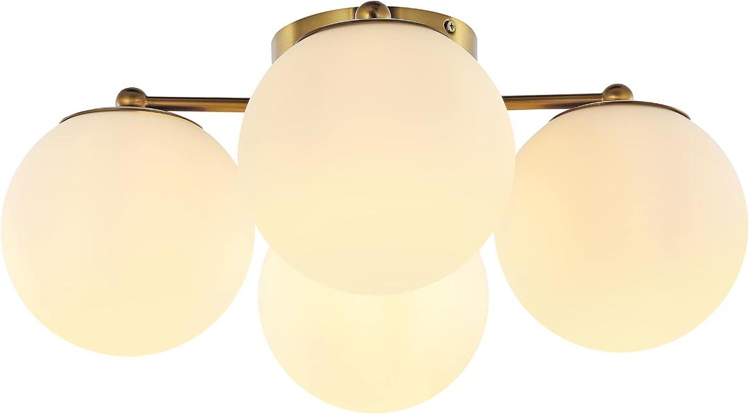 JONATHAN Y 18" Brass Gold/White 4-Light Iron and Glass Semi Flush Mount, Mid-Century Modern Bohemian Farmhouse Ceiling Light, Frosted Globe Shades, LED Bulbs Included JYL7571A