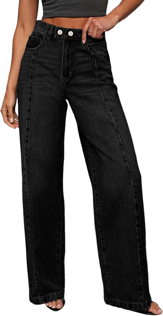 Sidefeel Women's Wide Leg Jeans High Waisted Stretchy Baggy Front Seam Denim Pants (18, Black)