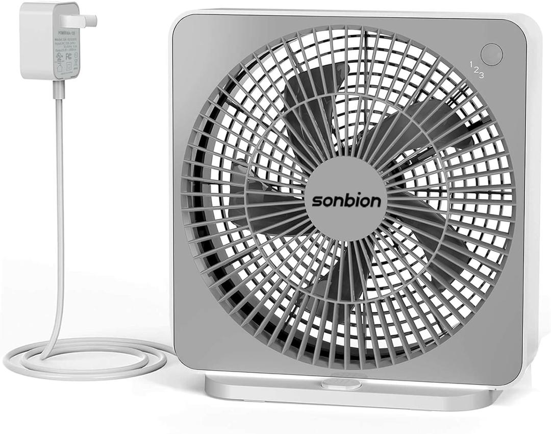 10 Inch Box Fan, Small Window Fan, Quiet Electric Fan with Three Speeds, Square Desk Fan for Home Office Room Apartment, 1.7 LB Lightweight, DC Adapter Plug Powered, One Button Control Design