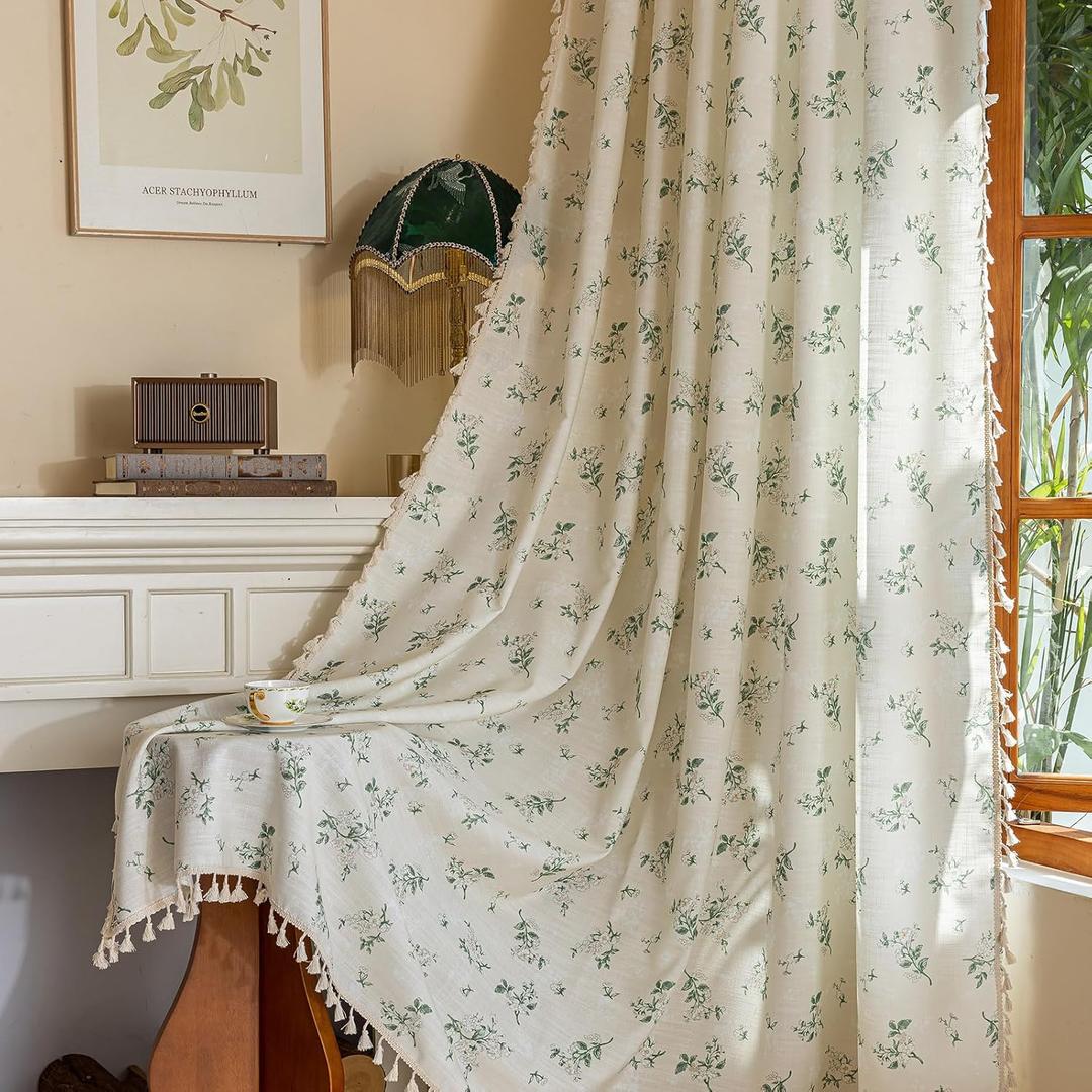 OYX Sage Green Spring Floral Curtains 84 Inch Length 2panels for Living Room, French Country Vintage Light Filtering Patterned Aesthetic Drapes for Bedroom, Rod Pocket Decor Window Treatment Curtains