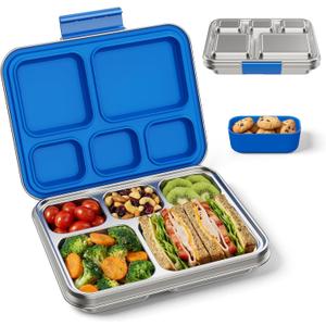 Stainless Steel Bento Lunch Box for Kids & Adults, 5 Compartment Metal Portable Bento Box with Silicone Food Container and Removable Silicone Seal,BPA-Free,School,Office(Blue)