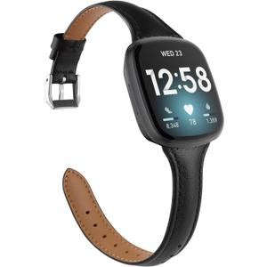 Moolia Compatible with Fitbit Versa 4/Versa 3/Sense 2/Sense Band for Women Slim Strap, Top Grain Genuine Thin Leather Replacement Wristband for Women for Versa 4/Versa 3 Watch Band, Black