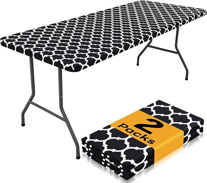 1 Pack Rectangle Table Cloth 6 Foot, Waterproof Elastic Fitted Tablecloths, Windproof Washable Polyester Table Cover for Picnic, Camping, Outdoor (Black, 30"x72")