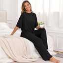 PrinStory Women's Pajamas Sets 2 Piece Lounge Set Short Sleeve Tops and Long Pants Soft Pjs Loungewear with Pockets (Black, XXL)