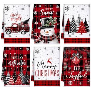 Bencailor 6 Pcs Christmas Kitchen Towels 16 x 24 Inch Winter Buffalo Plaid Dish Hand Towels Farmhouse Snowman Truck Tea Washcloths for Xmas Kitchen Decor Holiday Housewarming Gifts (Red and White)